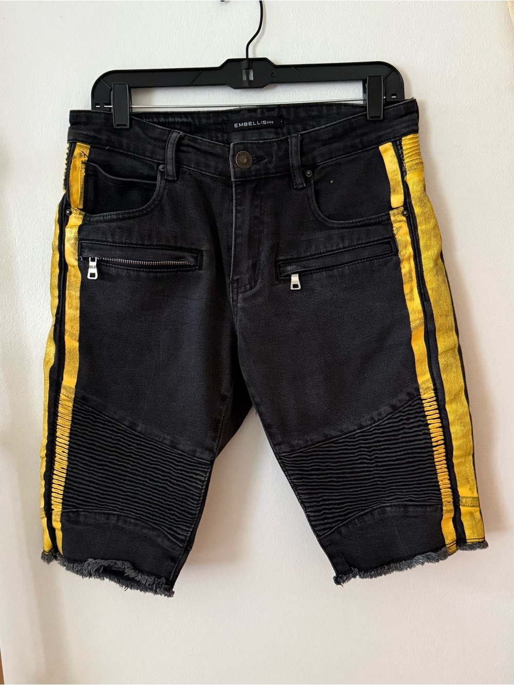 Embellish Men's Black Denim Shorts with Yellow Side Stripes Sz 32-Slim